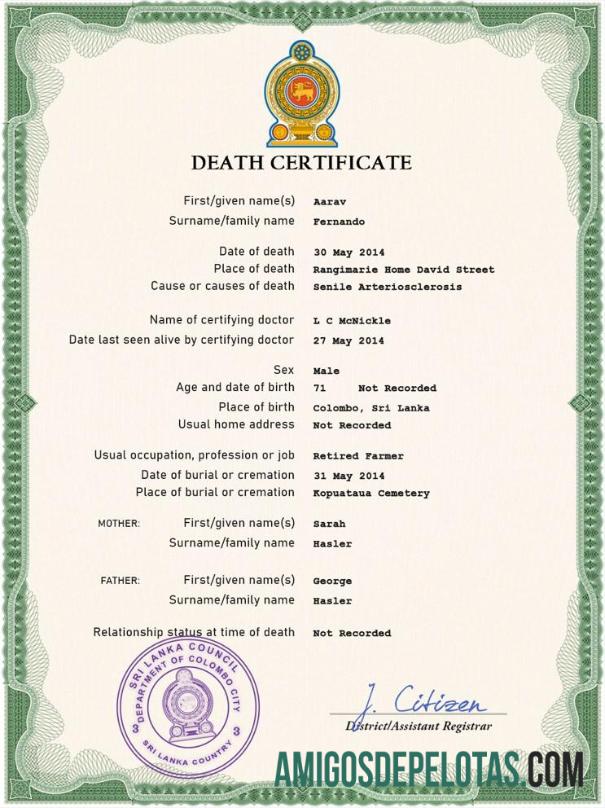 Imprimível modelo PSD de certidão de óbito de registro vital do Sri Lanka